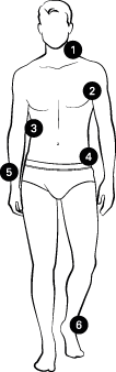 Illustration of a man with measurement points on 1. Neck, 2. Chest, 3. Waist, 4. Hips, 5. Sleeve, 6. Inseam